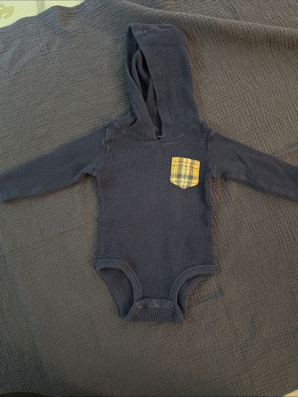 Carter's Navy Hooded Waffle-Knit One-Piece with Yellow Plaid Pocket